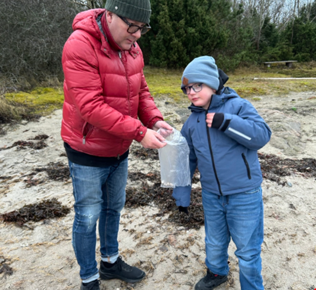 Pojke och personal plockar snäckor på stranden.