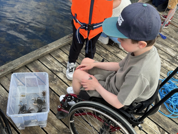 Pojker i rullstol fiskar krabbor.