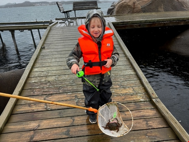 Pojke står iklädd flytväst och regnkläder på en brygga och visar upp en krabba som han fångat i en håv. 